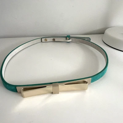 NEW White House Black Market Small Belt Skinny Teal Green Leather Gold Metal Bow - Image 1 of 4