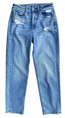 American Eagle Size 6 Mom Straight Jean High Waist Ripped Blue Jeans Stretch - Image 1 of 4