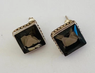 Vintage Sterling Silver 925 Faceted Smoky Quartz Princess Cut Stud Earrings - Image 1 of 4