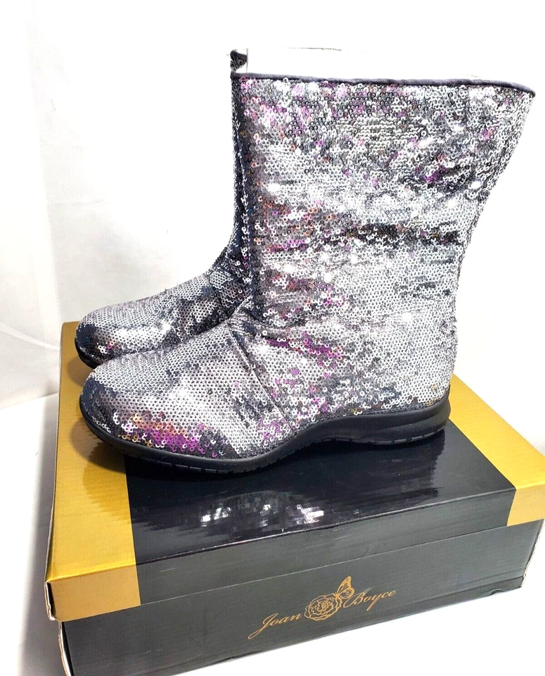 Womens Joan Boyce Size 6 Silver Sequins Disco Cold Weather Boots Faux Fur Lined - Image 1 of 4