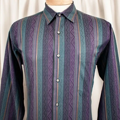 SAKS FIFTH AVENUE Green Purple Blue Gold Striped Cotton Men Dress Shirt Size M - Image 1 of 4