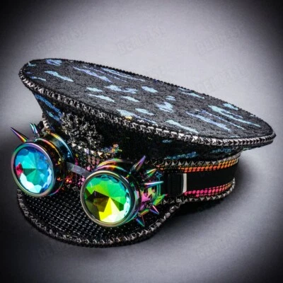 Steampunk Burning Man Captain Festival Hat w/ Kaleidoscope 3D Goggles Black - Image 1 of 4