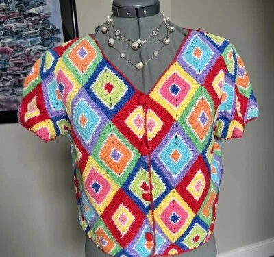 Cárdigan Suéter Michael Simon M Crochet Diamante Colorido Foto 1 de 4