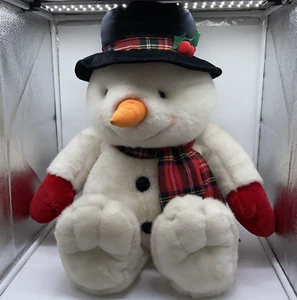 Jumbo Plush Christmas Snowman Stuffed Toy White Black Top Hat Plaid Scarf 27 in - Picture 1 of 10