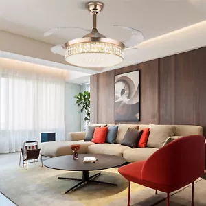 42'' Retractable Ceiling Fan Light LED Dimmable Crystal Chandelier + Remote New - Picture 1 of 11