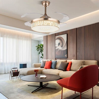 42" 3-Color Crystal LED Invisible Gold Ceiling Fan Light Chandelier Lamp +Remote - Image 1 of 4