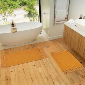 KIBAGA Set of 2 Soft Boho Bathroom Rugs - Beautiful Cotton Mustard - Picture 1 of 7