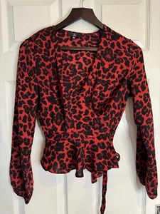 Womens Missguided Red & black Wrap Front Animal Print Top Size UK 8 - Picture 1 of 6