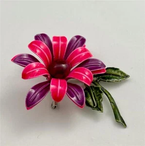 Vintage 1960's Bright Pink & Purple Enamel Layered Flower Brooch Pin - Picture 1 of 4