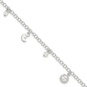 925 Sterling Silver Polished Sun Moon and Stars Anklet 9" w/1in ext. 3.2gm - Picture 1 of 7