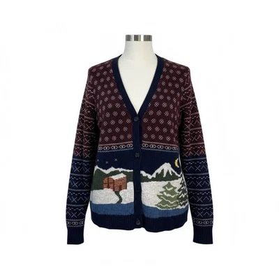 Vtg Woolrich Womens Winter Motif Lambswool Cardigan L Mountain Scene Cabincore - Image 1 of 4
