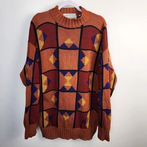Henry Grethel orange bunt geometrisch Strick Baumwolle Pullover Gr. Large 80er 90er - Bild 1 von 5