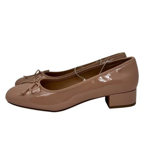 A New Day Beige Patent Leather Look Ballet Flats Size 8.5 Bow Accent Block Heel - Picture 1 of 10