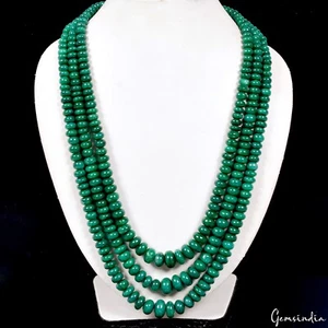 EXCELLENT RARE 980 CTS NATURAL 3 STRAND GREEN EMERALD ROUND CAB BEADS NECKLACE - Picture 1 of 8