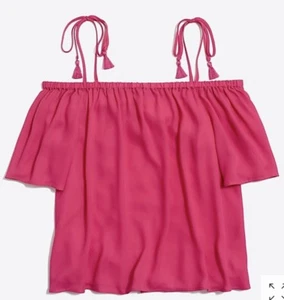 NEW J CREW PRINTED TIE Cold-Shoulder Top WILD BERRY Pink TASSEL Shirt J0869 14 - Picture 1 of 3