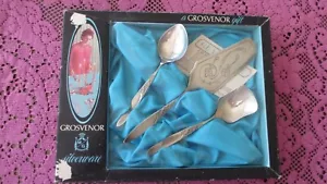 Vintage Grosvenor Christine Silver Plated Sugar, Jam Spoons & Cake Server Boxed - Picture 1 of 12