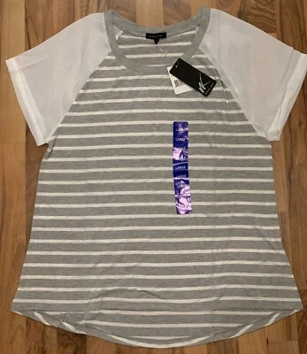 West Kei (Sz L-XXL) Ladies Striped Short Sleeve Top w/ Sheer Sleeves Grey/Cream - Image 1 of 4