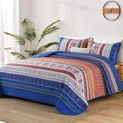 Boho Quilt Queen Size, Blue and Orange Bohemian Queen(96"x90") Blue Orange - Image 1 of 4