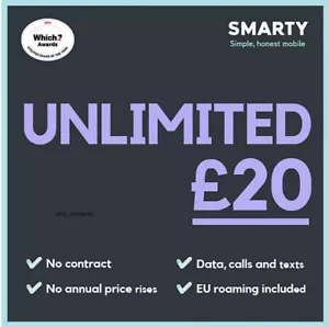 SMARTY UNLIMITED 30 Day Pay As You Go SIM Card Free Post PAYG Nano/Micro/STD 5G - Picture 1 of 4