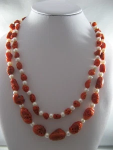 Collana Corallo Rosso Naturale e Perle coltivate, Ch. Argento 925, lunga 105 cm. - Foto 1 di 9