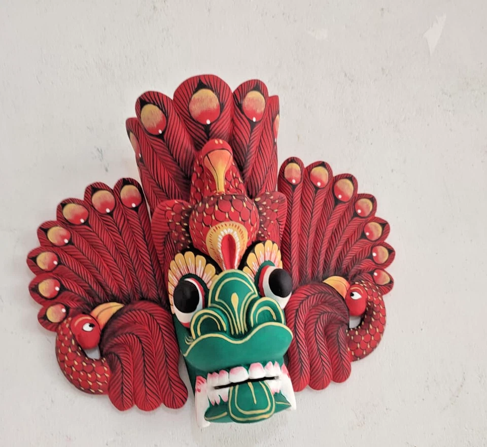 12 Inches Sri Lankan Peacock Devil  Mask  Vibrant Red and Green Traditional Wood - Image 1 of 1