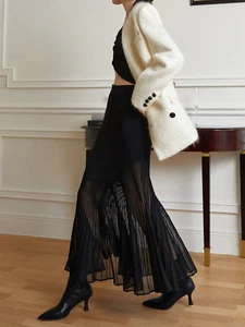 Commense schwarz Rippstrick Plissee elastische Taille Maxi gerade A-Linie Rock L Neu mit Etikett - Bild 1 von 13