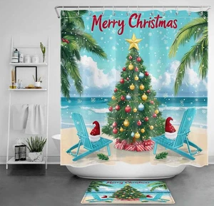 Tropical Green Palm Tree Beach Christmas Shower Curtain Bathroom Accessories Set - Picture 1 of 25