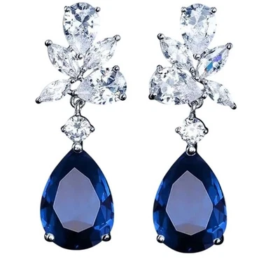 Brincos pendurados de cristal de zircônia azul lágrima joias de casamento formatura coquetel - Imagem 1 de 3