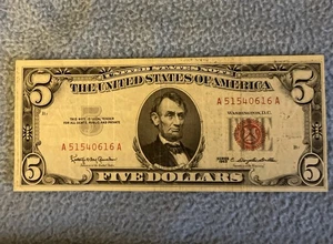 1963 $5 Five Dollar RED SEAL United States Bank Note - Picture 1 of 2