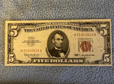 1963 $5 Five Dollar RED SEAL United States Bank Note - Image 1 of 2