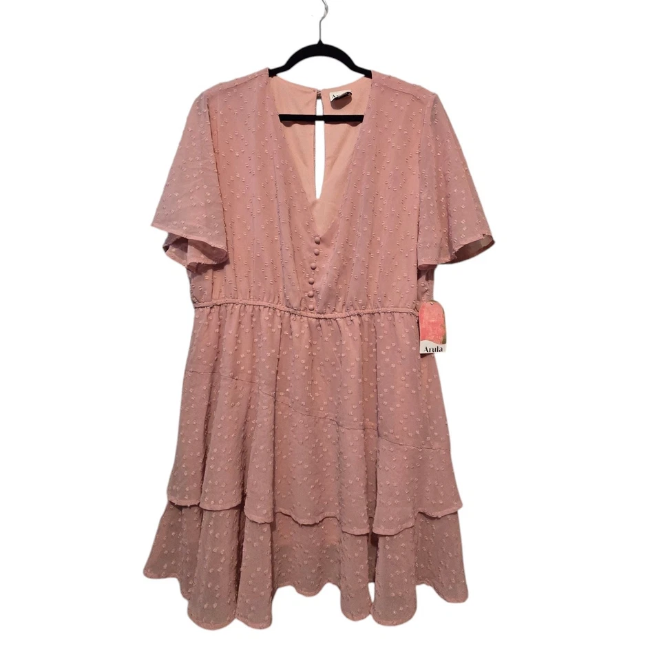Arula NWT Womens Clip Dot Tiered Dress Sz A 1X 14/16 Dusty Rose Cottage Coquette - Image 1 of 4