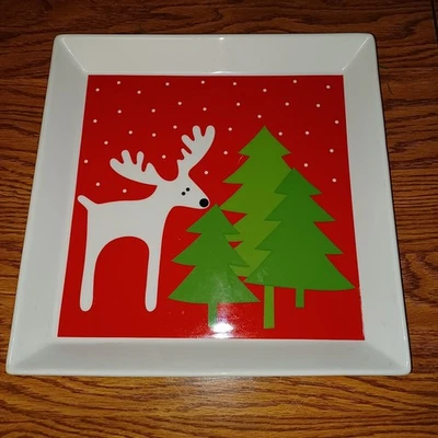 Crate & Barrel Reindeer Platter 12” Square Christmas Tree Serving Tray Plate - Image 1 of 3