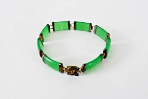 Vintage 18 Ct Gold Plated Green Jade Chinese Panel Bracelet 7,5" - Picture 1 of 7