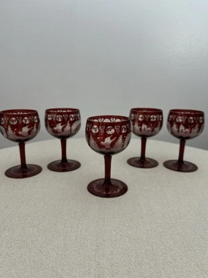 🔴 5 Egermann Castle & Bird Austrian Bohemian Ruby Cut Clear Port Wine Glasses - Image 1 of 4
