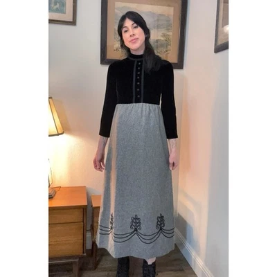 Vestido Bullocks Wilshire terciopelo y lana maxi años 70 bordado cabaña folk bruja Foto 1 de 4