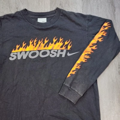 Y2k Nike Youth Large Long Sleeve Flames Embossed Swoosh Check Gray Streetwear - Image 1 of 4