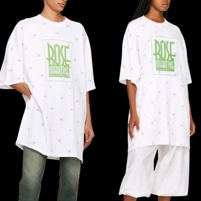 MARTINE ROSE Long Line Waffle Effect Knit T-Shirt  Floral/LOGO Print Unisex M/L - Image 1 of 4