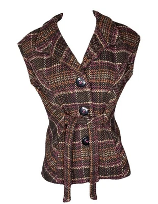 CAbi 691 Pequeño Marrón Tweed Cuadros Cinch It Up Chaleco con Cinturón Chaqueta sin Mangas $128 Foto 1 de 4