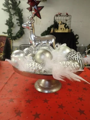 Weihnachten Elch Rentier Silber Schale Tablett Aluminiumguss Glaskugeln LED ø30 - Bild 1 von 4