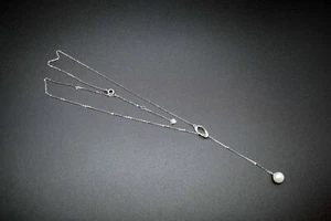 Freshwater Pearl Lariat Necklace White Pearl Drop Y Necklace Silver Lariat Chain - Picture 1 of 10