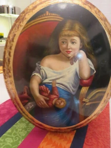 Antikes Öl keuchend auf Holz Mädchen mit Puppe Austria  - Bild 1 von 12