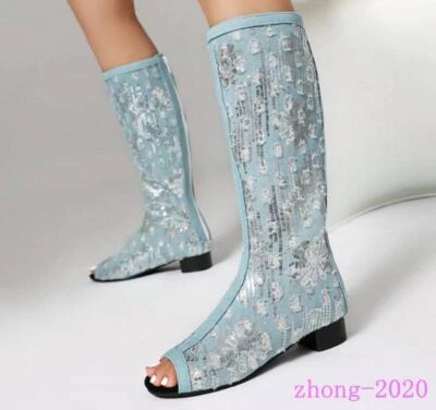Sandalias para mujer Occident de mezclilla punta abierta lentejuelas fiesta informales cremallera botas hasta la rodilla Foto 1 de 4