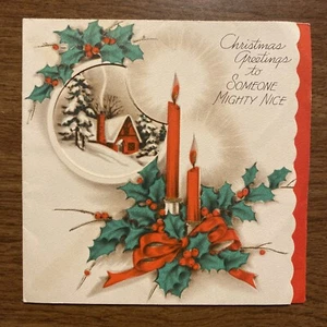 Tarjeta de felicitación de Feliz Navidad vintage de los años 40 con sobre velas encendidas casa de campo P2A - Imagen 1 de 22