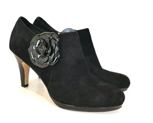 Anne Klein Suede Leather Wet Look Flower Zipper Heel Bootie Boot 8.5 M - Picture 1 of 8