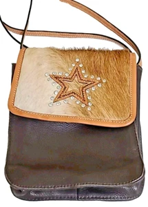 GELDBÖRSE MONTANA SILBERSCHMIEDE BRAUN LEDER/HAARE, STERN HANDTASCHE INTARSIEN SILBER ABZEICHEN - Bild 1 von 9