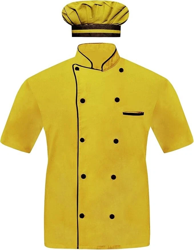 Men Chef Jacket Half Sleeves, 10 attractive Colors With Black Piping, Free Cap - Image 1 of 4