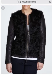 $1,295 Muubaa Cowra Fur & Leather Biker Jacket Black Shearling Coat *US 4/ UK 8 - Picture 1 of 5