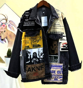 Black Vtg Faded 80's Denim Rock Street Edgy Urban Newspaper Jacket Coat  16