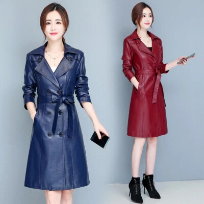 New Women's Long Leather Windbreaker Ladies PU Leather Trench Coat Jacket Belt - Image 1 of 4