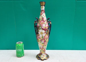 Nippon Porcelain Vase Floral Pattern Cobalt Handles Gold Beading 17.5" Antique - Picture 1 of 12